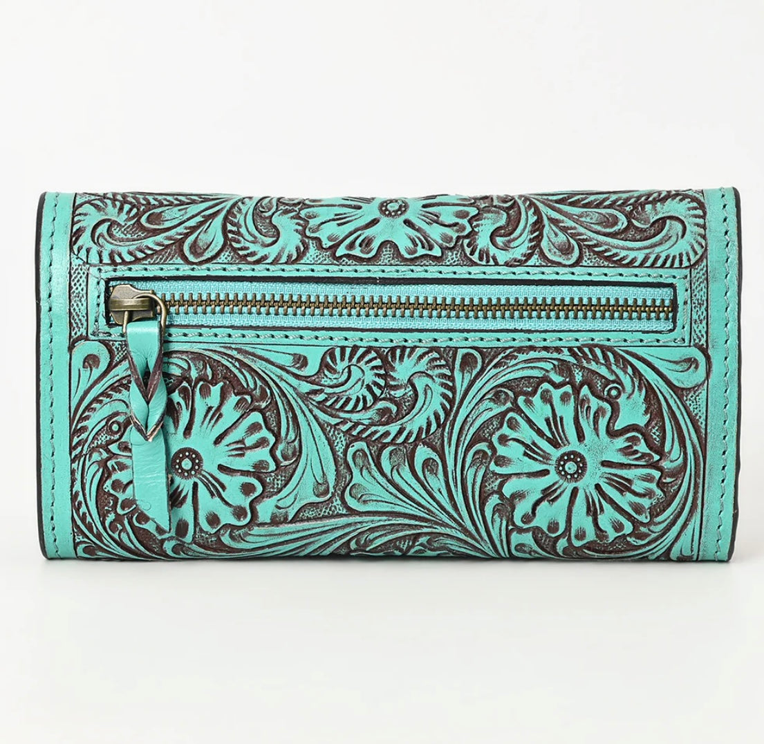 Sassy- Teal Tooled Leather Wallet