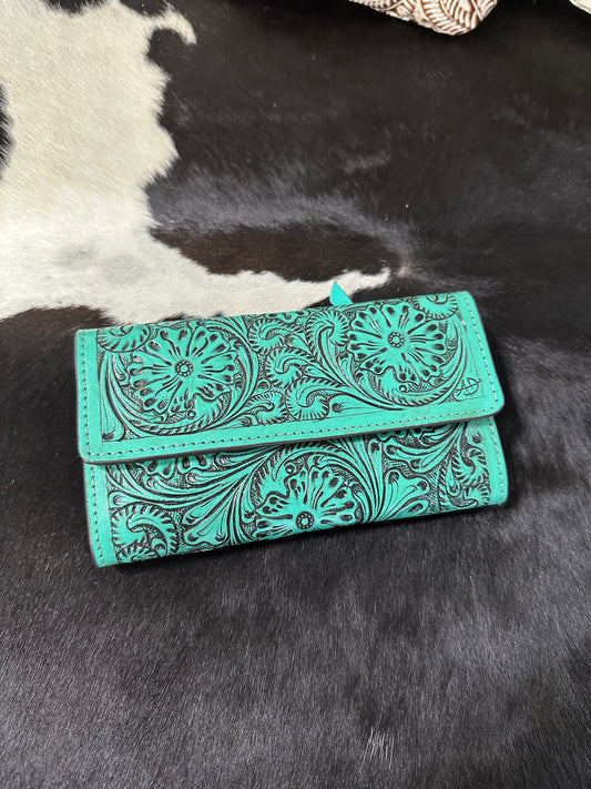 Sassy- Teal Tooled Leather Wallet