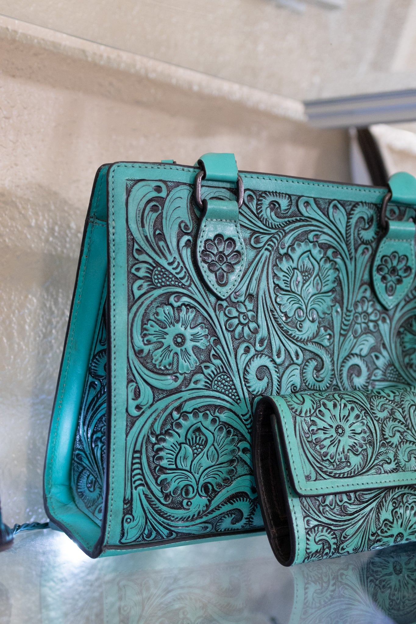 Wild West- Teal Tooled Leather Purse