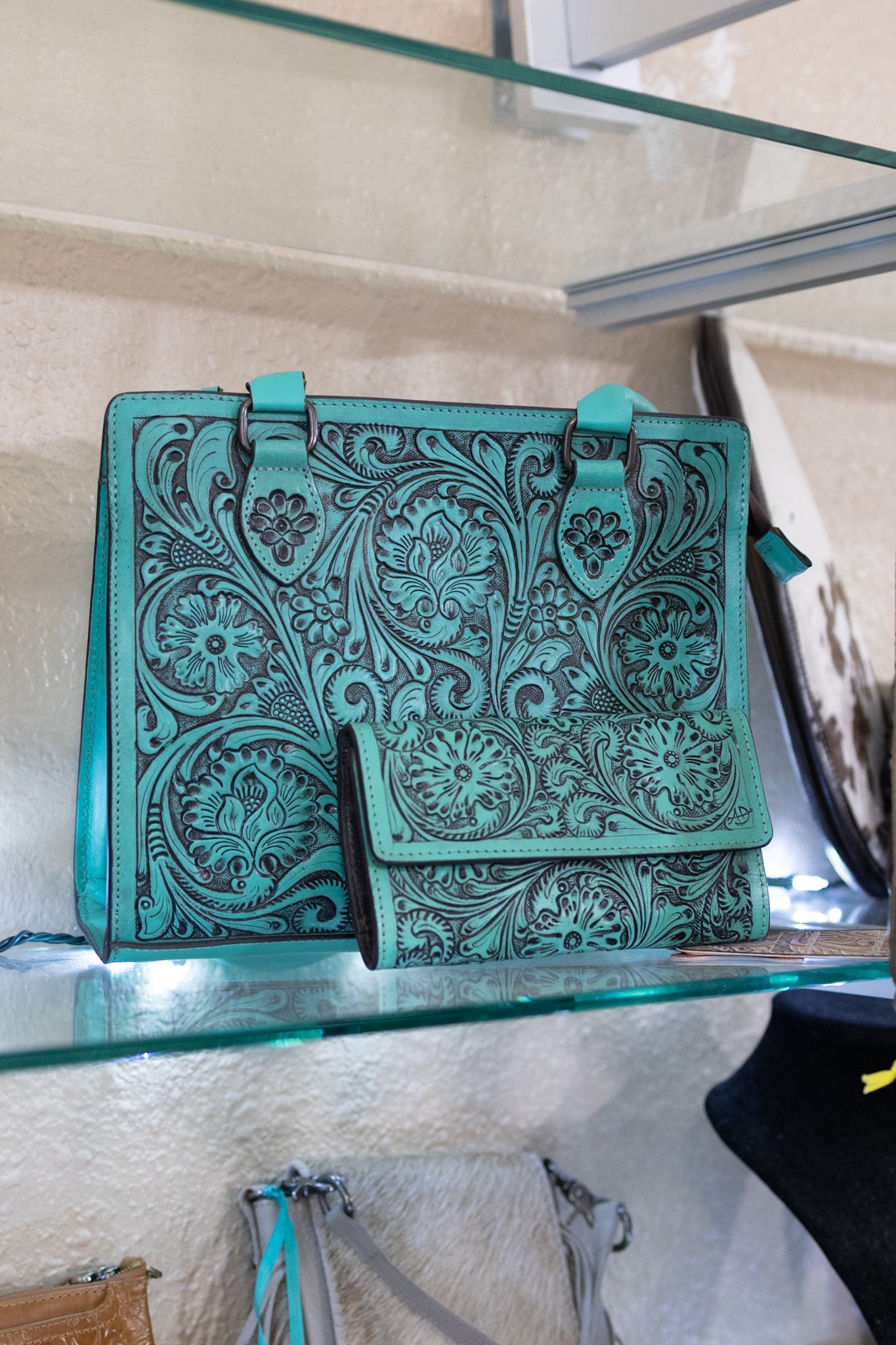 Wild West- Teal Tooled Leather Purse