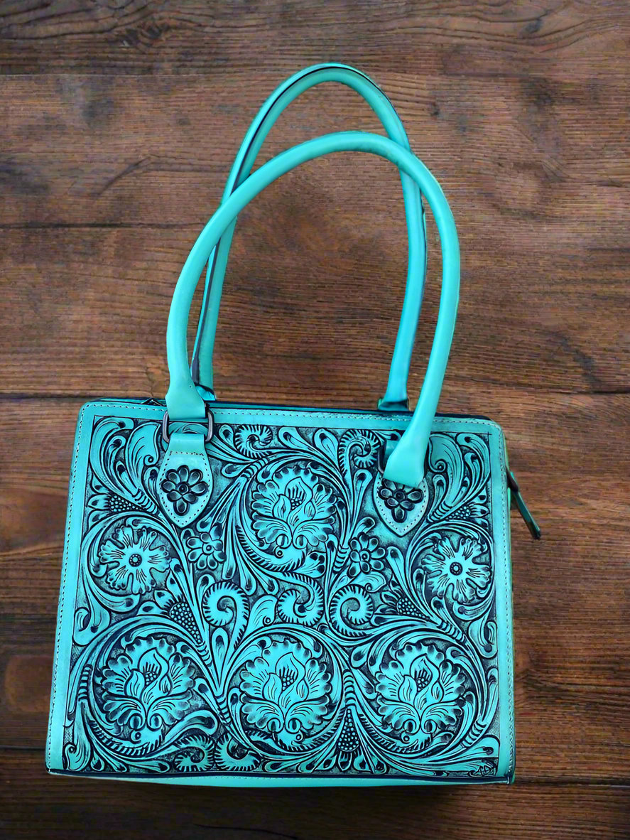 Wild West- Teal Tooled Leather Purse