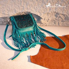 Montana West Genuine Leather Tooled Fringe Crossbody - Turquoise