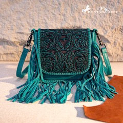 Montana West Genuine Leather Tooled Fringe Crossbody - Turquoise