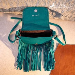 Montana West Genuine Leather Tooled Fringe Crossbody - Turquoise